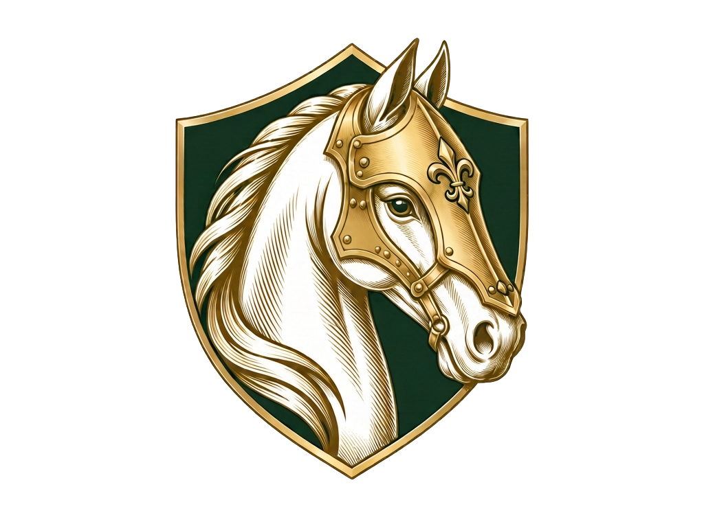 Chamfron logo — a horse head in heraldic armor on a green shield